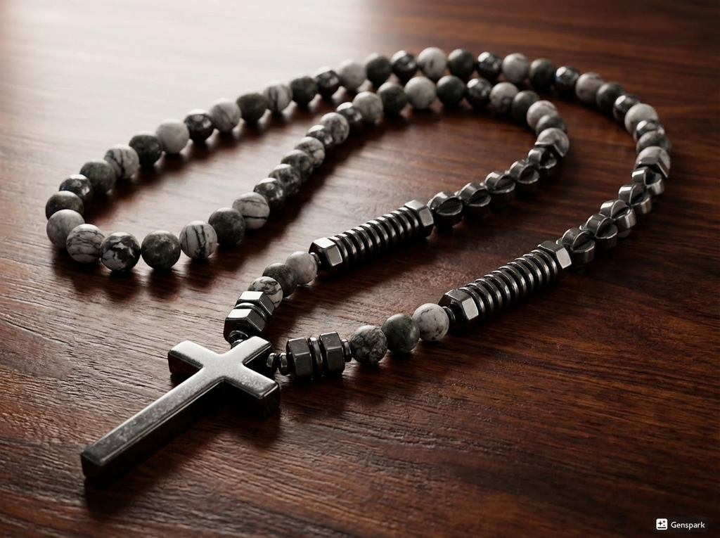 Hematite + Silver Crazy Lace Agate + Green Spider Jasper Stone Cross Necklace