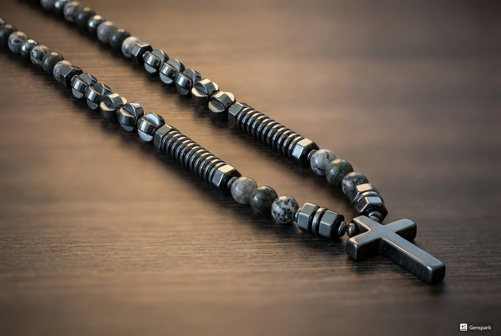 Hematite + Silver Crazy Lace Agate + Green Spider Jasper Stone Cross Necklace