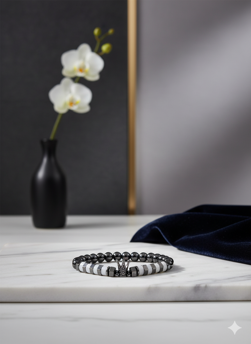 Hematite + White Quartz Crown bracelet